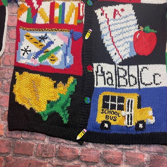 Vtg The Eagle's Eye Cardigan Sweater Hand Knit Teacher School Abcs 123s Sz XL - Picture 2 of 10